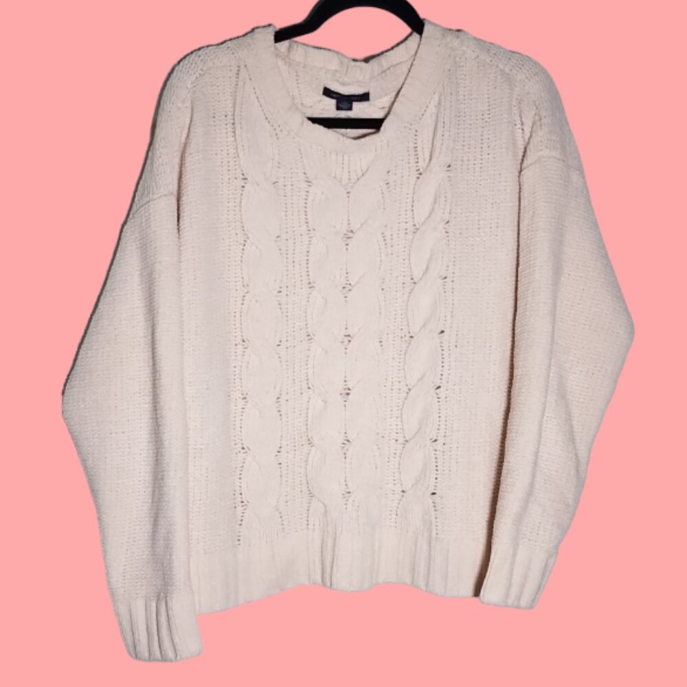 American Eagle Cropped Cream Soft-Knit Sweater, Size Large